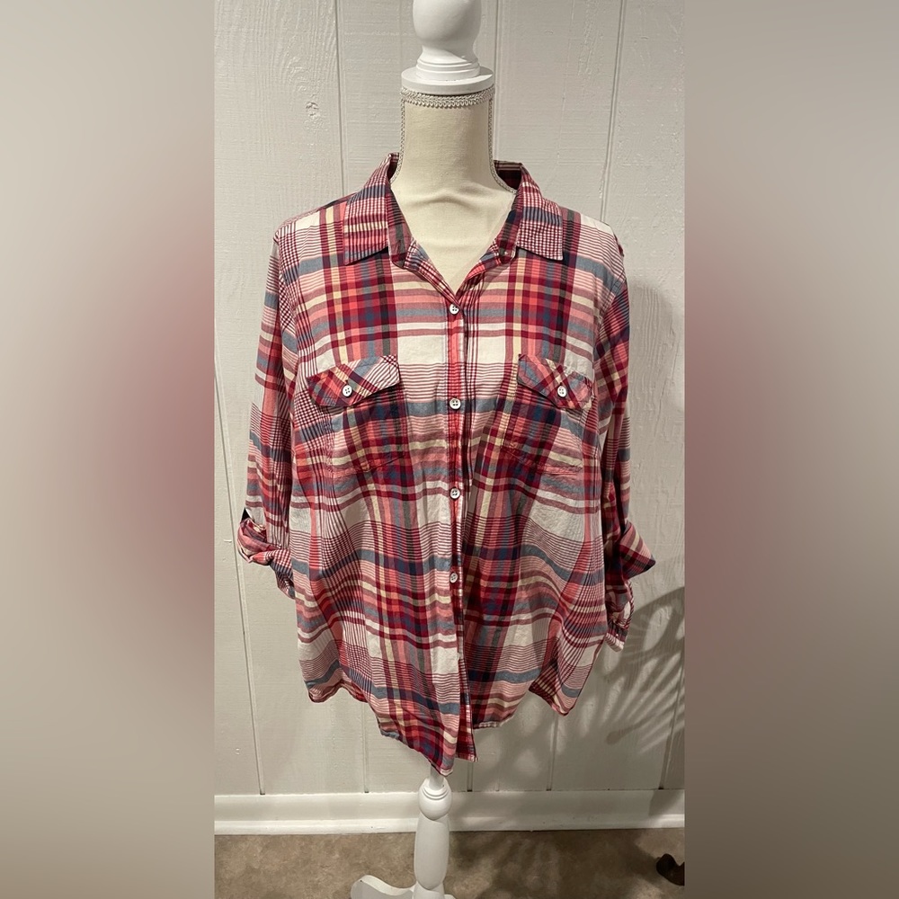 Sonoma 2X Pink plaid 3/4 Sleeve Button Up shirt